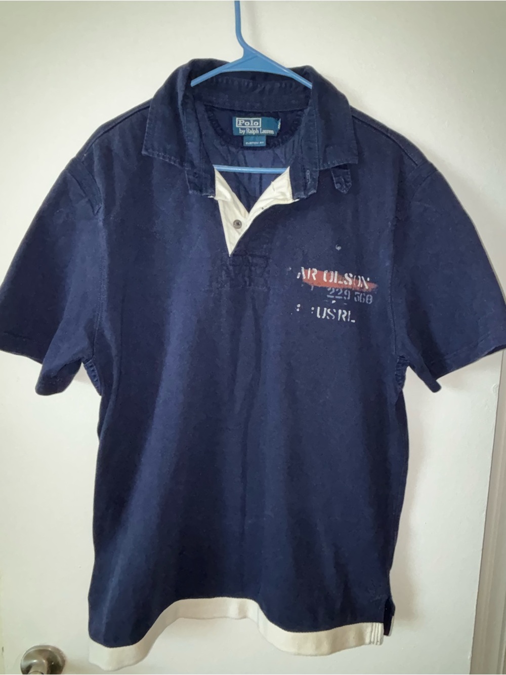 Polo by Ralph Lauren Navy Polo with Cream Trim and Subtle Chest Print